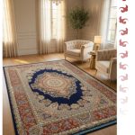 پاشین|فرش دستبافت گونه|پشم طبیعی|ابریشمی گیاهی 17 رنگ |کد4811|سرمه ای حاشیه مسی